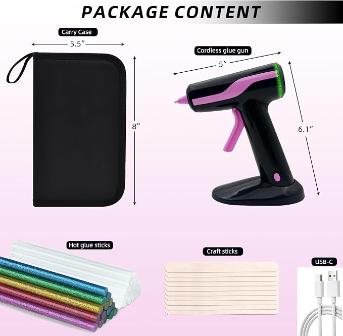 Cordless Hot Glue Gun Smart Power-Off, Mini Glue Gun Kit USB-C Rechargeable |
