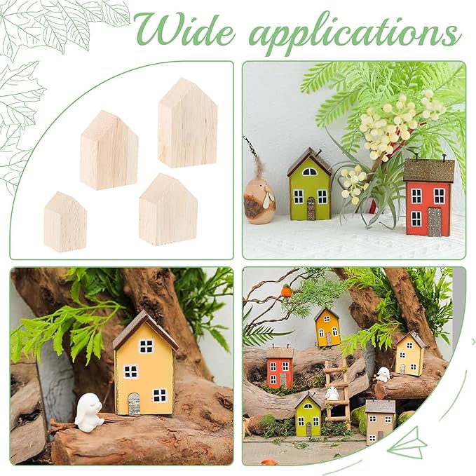 OLYCRAFT 12Pcs 4Sizes Unfinished Wood House Shaped Blocks Arrow Shape Wooden