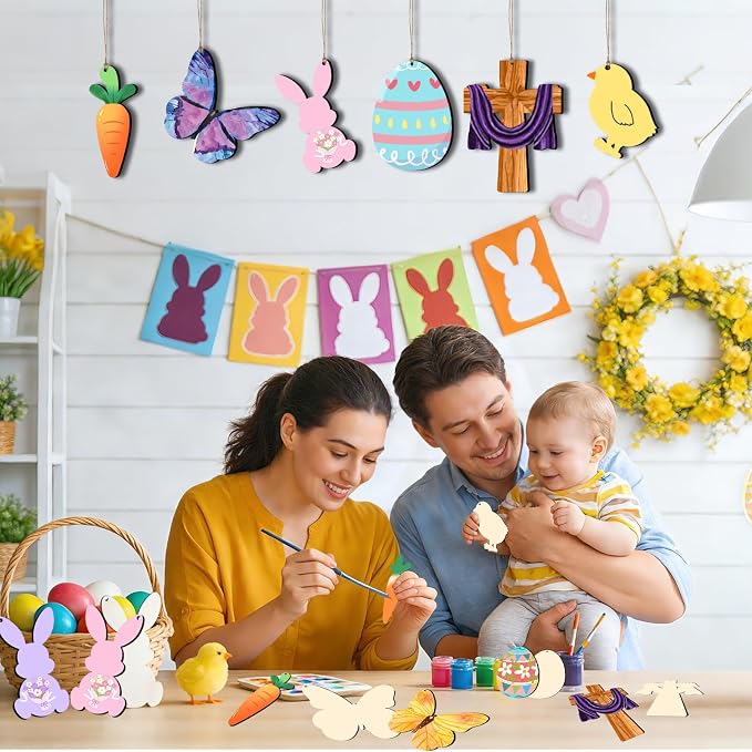 48Pcs Paintable Wooden Easter Ornaments Unfinished Wood Cutouts