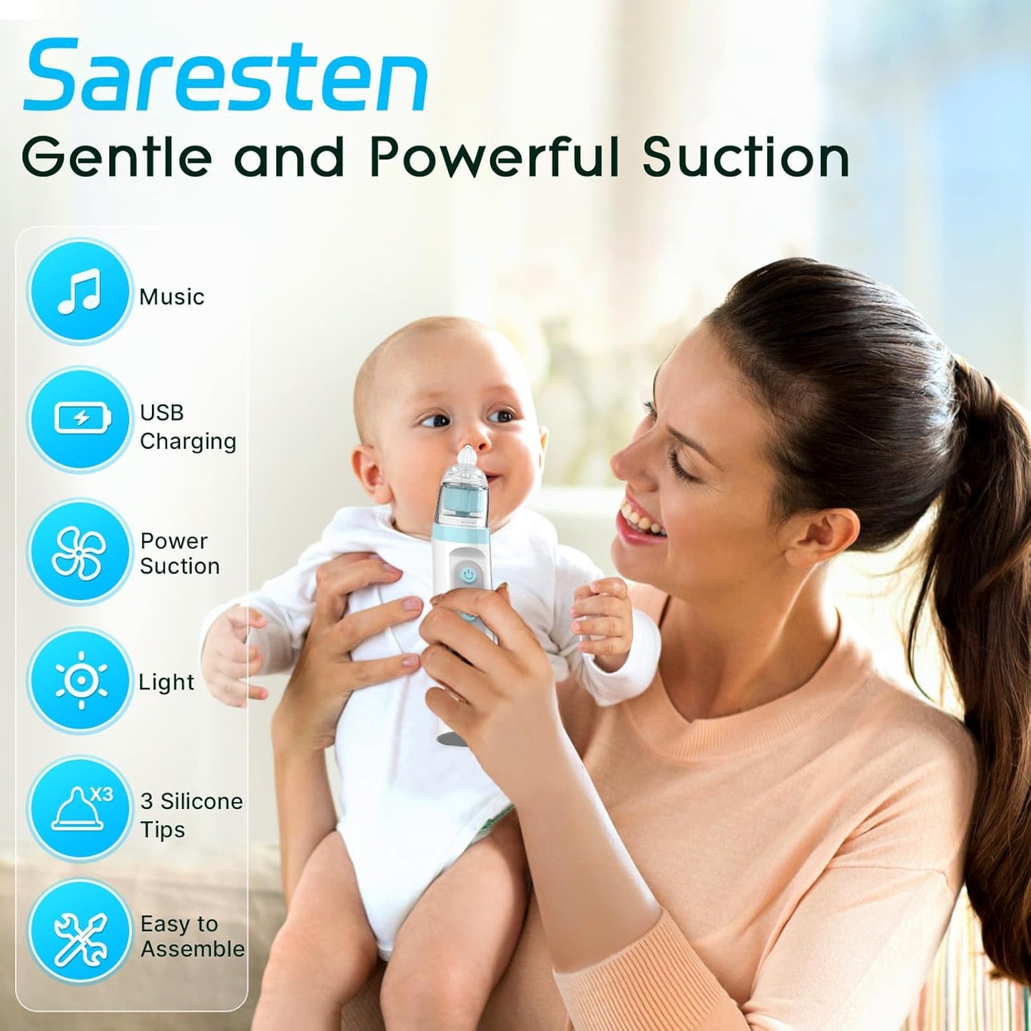 Nasal Aspirator for Baby,Rechargeable Nose Sucker for Baby,Baby Nasal Aspirator with 3 Silicone Tips,Adjustable Suction ,Waterproof Booger Sucker for Baby with Music and Light Function,Blue
