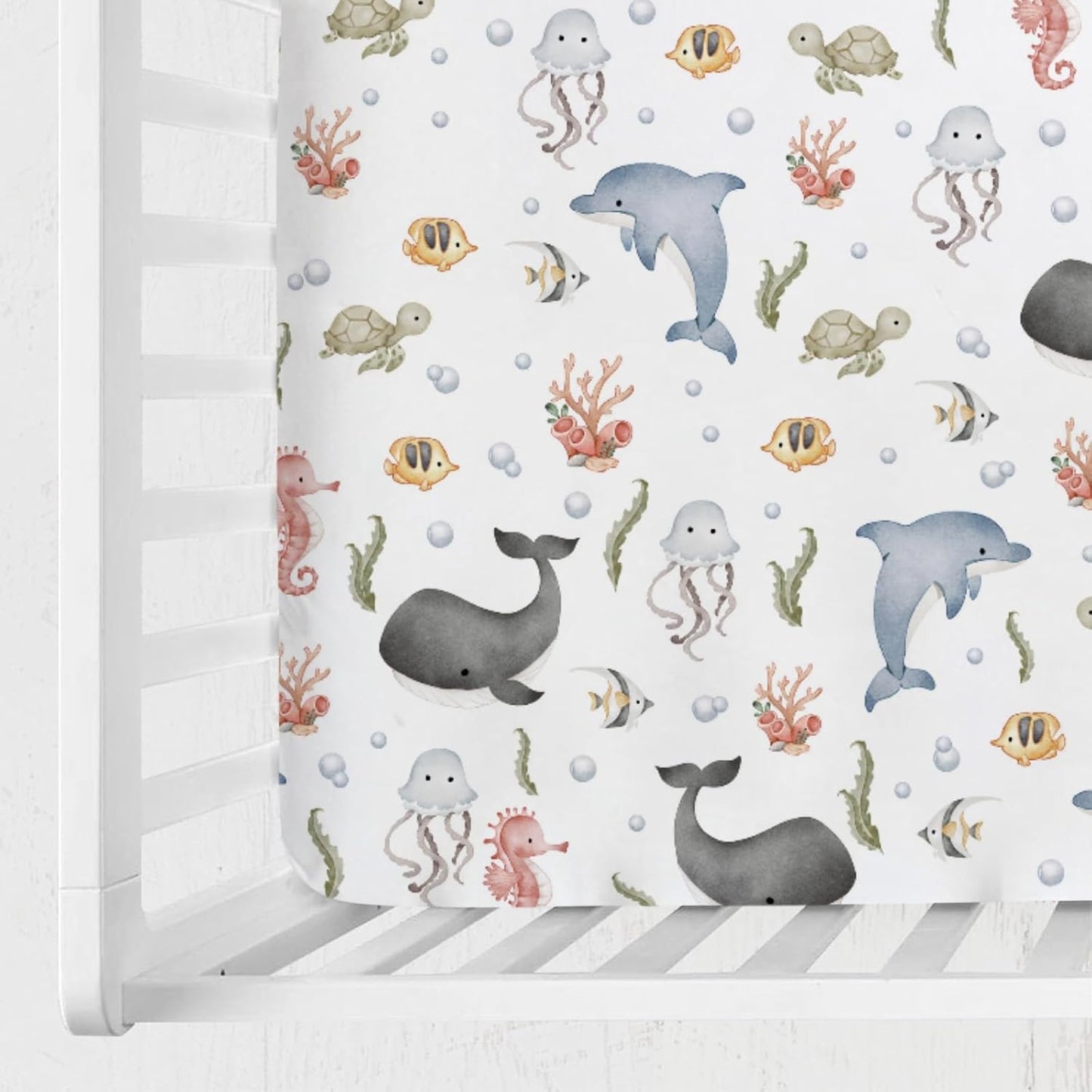 Boho Sea Animals Baby Crib Fitted Sheet 52''x28'' Whale Dolphin Jellyfish Sea Horse Turtle Fish Coral Snug Fitted Crib Mattress Cover for Boy Girl Soft Bed Sheets for Standard Crib Toddler Mattress