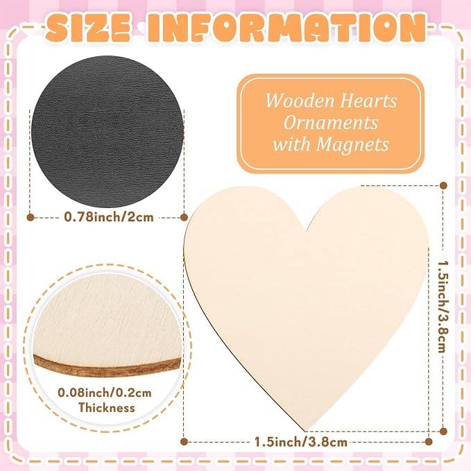 Qunclay 80 Pcs 1.5 Inch Wooden Heart Magnets