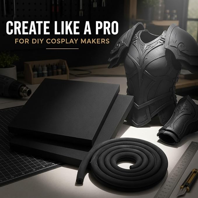 3-Piece EVA Cosplay Foam Kit, Includes 2 Black EVA Foam Sheets and 15mm x 2m
