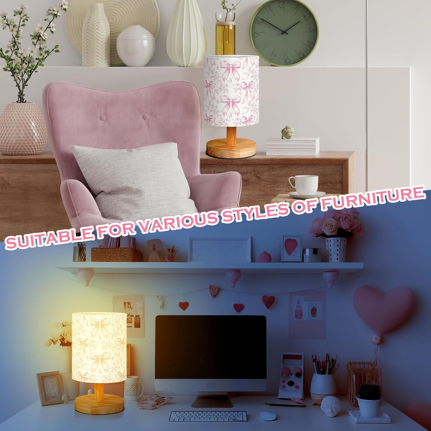 VIHOSE Floral Bow Kids Table Lamp for Bedroom Kids Bedside Lamp with Linen Wooden Nightstand Cartoon Nursery Lampshade for Girls Boys Living Room