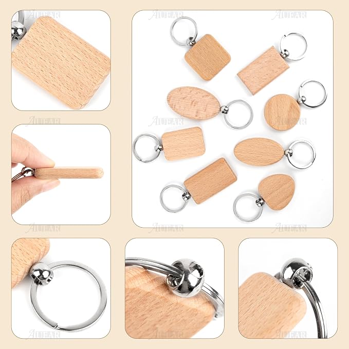 AUEAR, Blank Wooden Key Chain Wood Keychain Key Ring Key Tags Personalized EDC