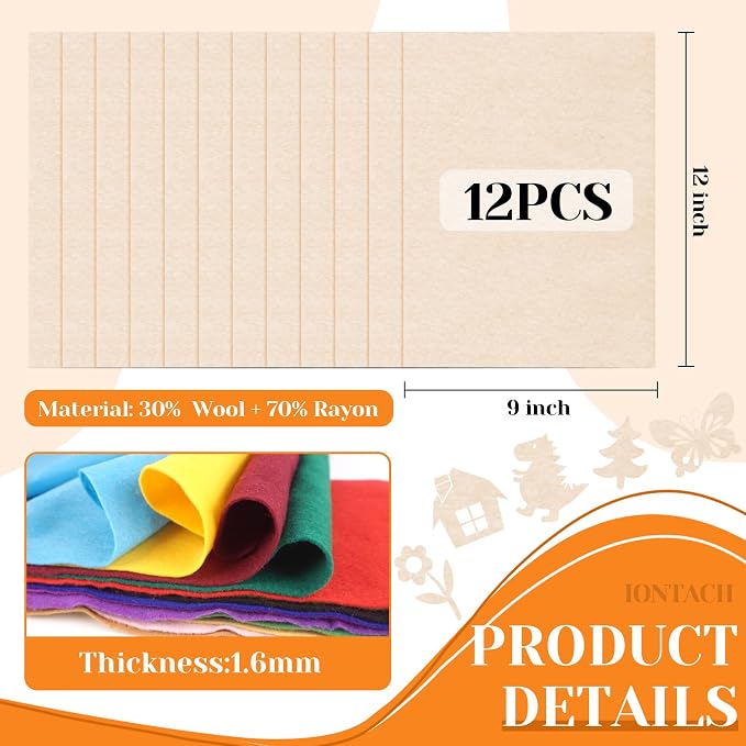 IONTACH 9" X 12" Felt Fabric Sheets 1.6mm Thick | Soft Felt