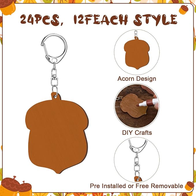RattanView 24 Pcs Acorn Craft Color Your Own Keychains DIY Craft Wooden Blank