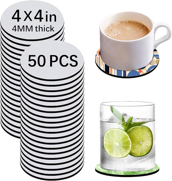 50 PCS Sublimation Blank Cup Coasters Bulk, 4x4 Inch Round Blank Cup Mat Rubber