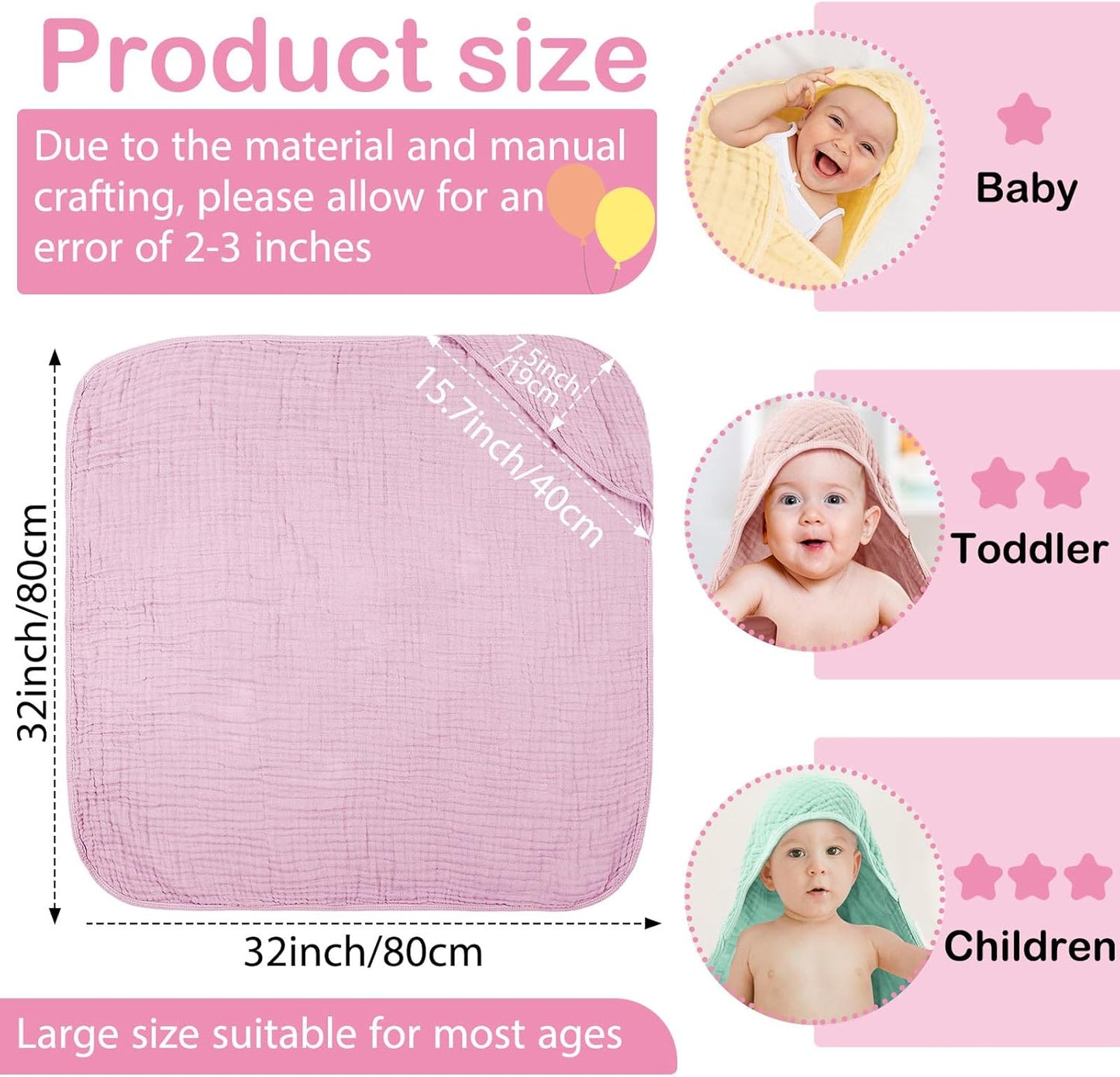 Peryiter 6 Pcs Muslin Hooded Baby Towels, 32"x 32" Cotton Newborn Bath Towel Muslin Infant Baby Blankets Absorbent Unisex Newborn Registry Gift Essentials for Girls Boys (Light Color Series)