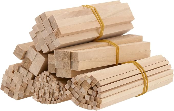 215 PCS Basswood Sticks, Hardwood Square Dowels, Unfinished Wooden Dowels
