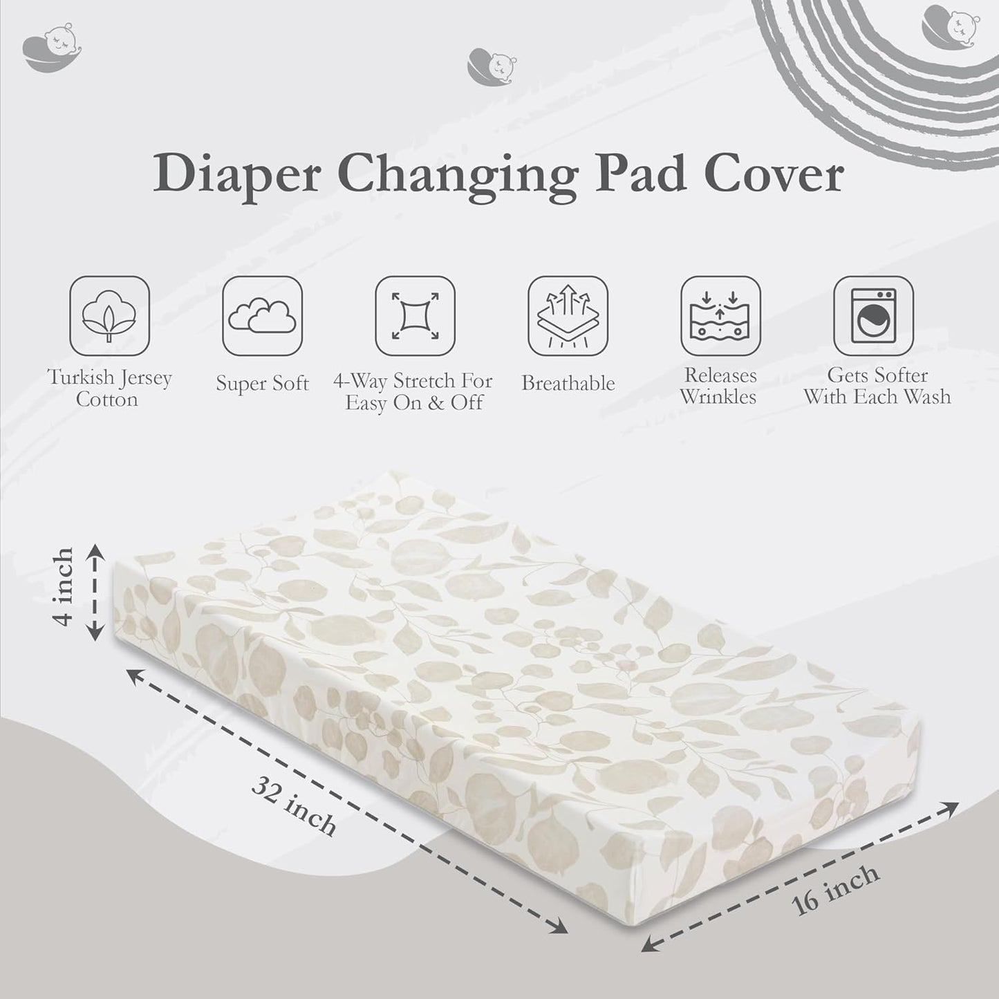 Oilo Changing Pad Cover, Breathable 100% Turkish Cotton Fitted Jersey, 300 Thread Count, Machine Washable, Fits Standard Changing Pads (32" x 16"), Girl, Boy, & Neutral Nursery Design, Beige Leaf