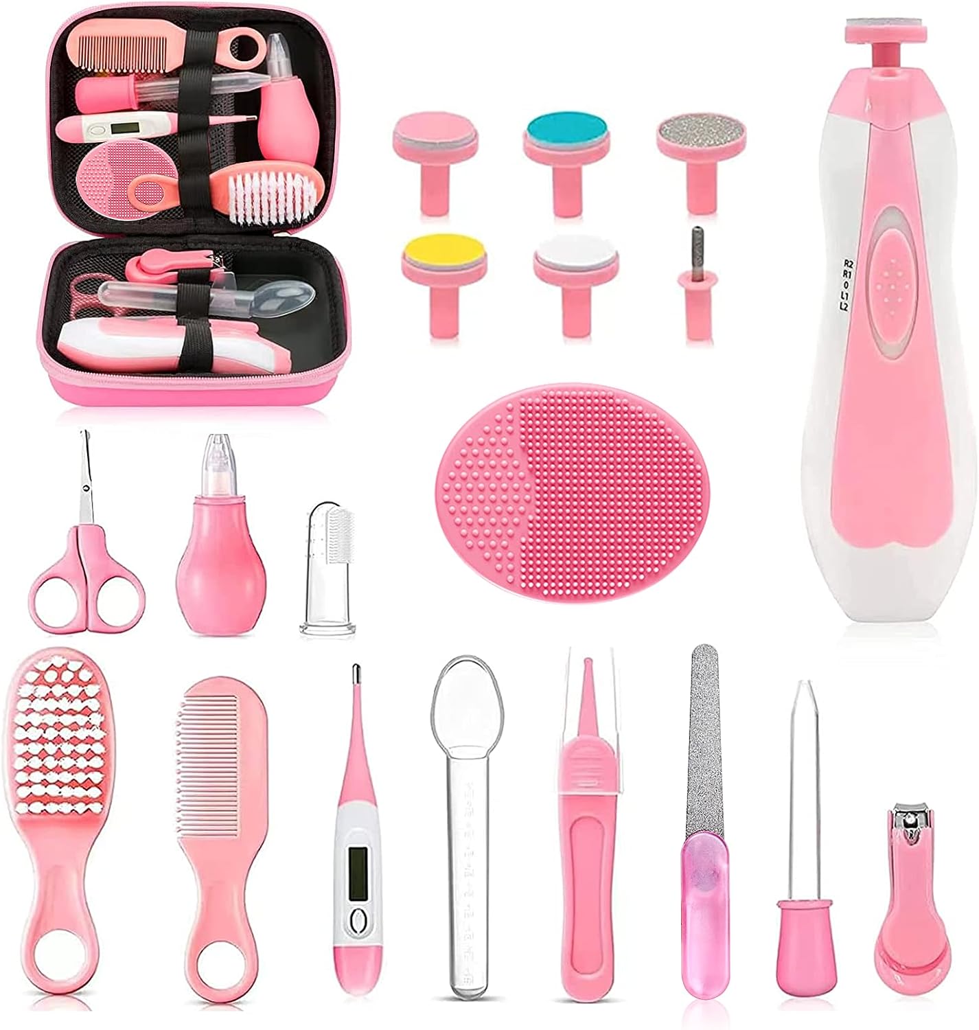 Baby Healthcare and Grooming Kit, 26 in 1 Portable Baby Safety Care Set with Hair Brush Comb Nasal Aspirator Electric Nail Trimmer Set Baby Essentials kit for Newborn Boys Girls (Pink)