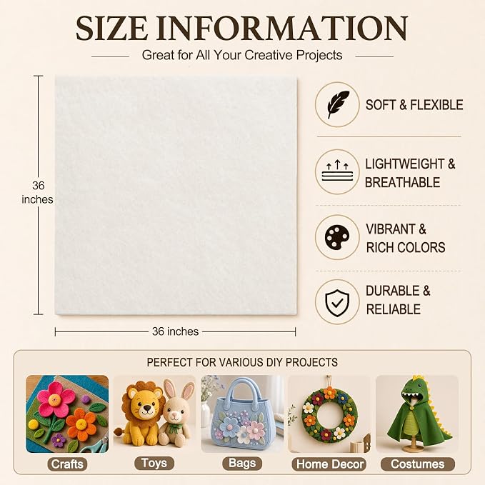 Off White Large Felt Fabric 36" x 36", 1.4 mm Soft Felt Sheet, Nonwoven Fabric
