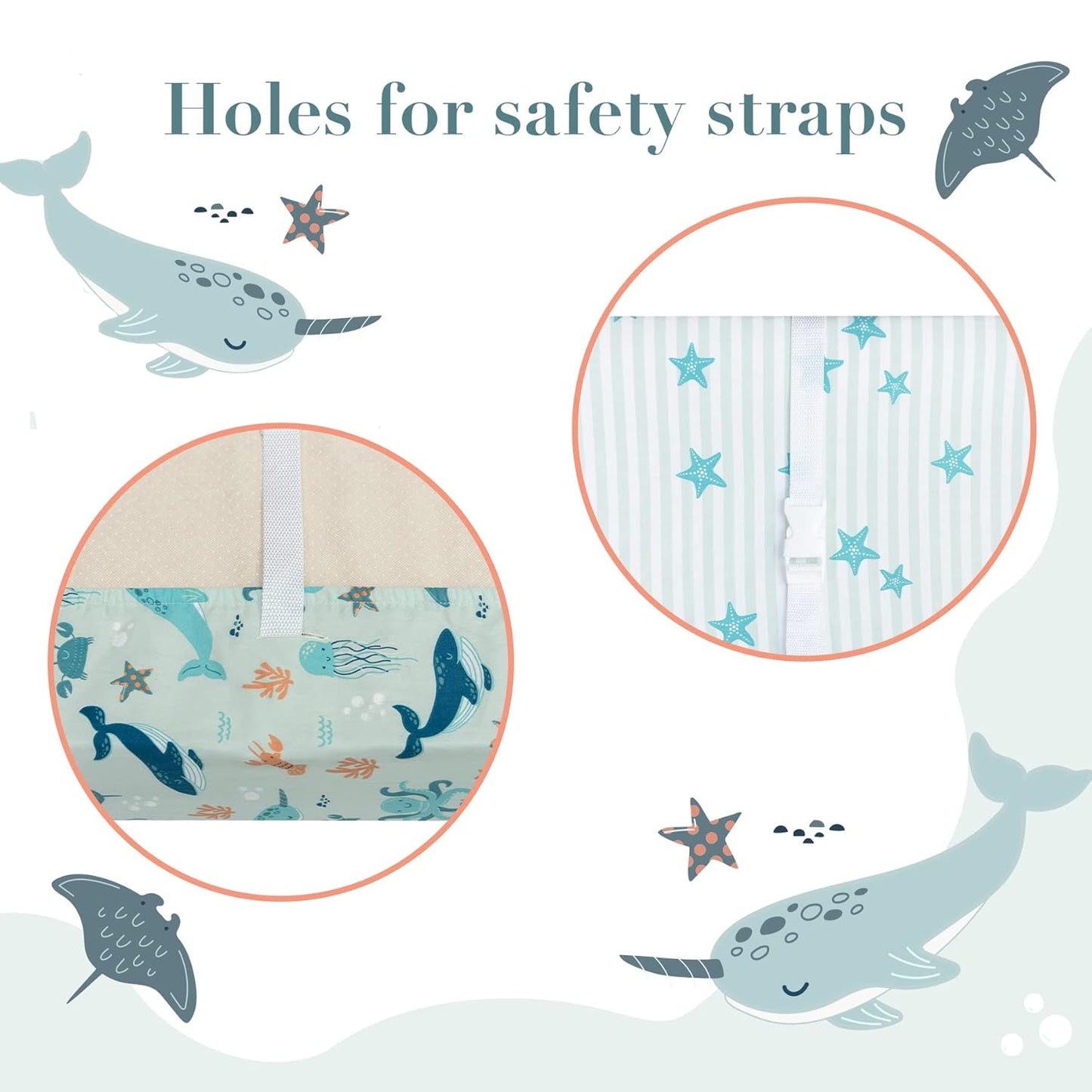 100% Cotton Changing Pad Cover for Baby Boys and Girls, Nautical - Breathable Bassinet, Mini Crib Mattress Fitted Sheets - Ocean Stars, 32"x16" with 8" Deep Pocket, Teal-White, 2 Pack