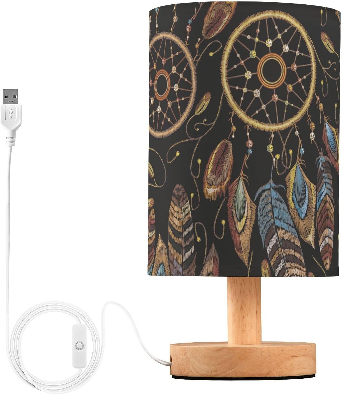 Table Lamp Native American Indian Dream Catcher Magic Ethnic Dreamcatcher Nightstand Lamp with Wood Base Fabric Lamp Shade Bedside Desk Lamp for Living Room Bedroom Kids Room Office