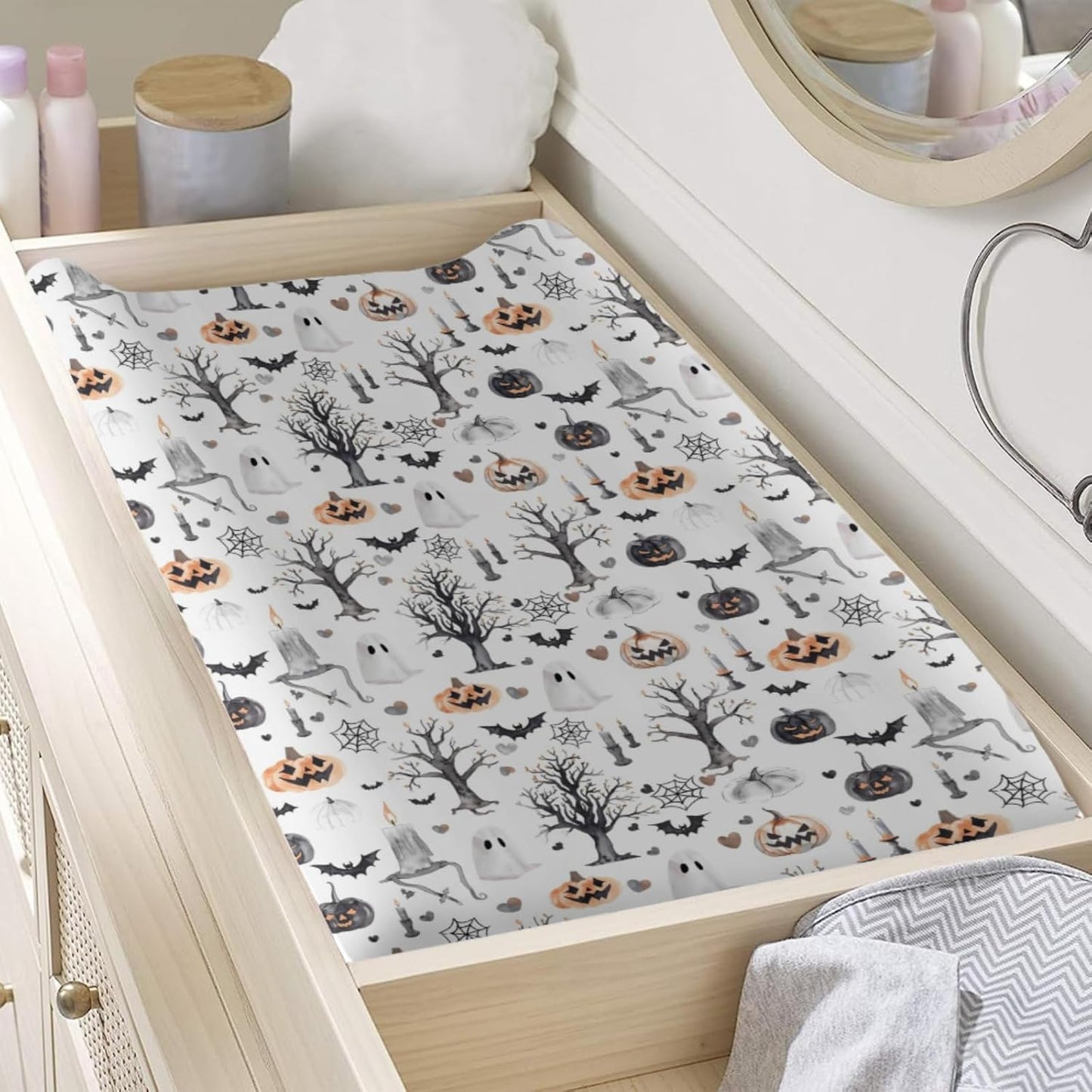 Halloween Pumpkin Bats Spiders Trees Hearts Pattern Baby Changing Pad Cover, Unisex Fall Winter Holiday Nursery Diaper Changing Table Pad Mat Sheet for Boys Girls-16x32