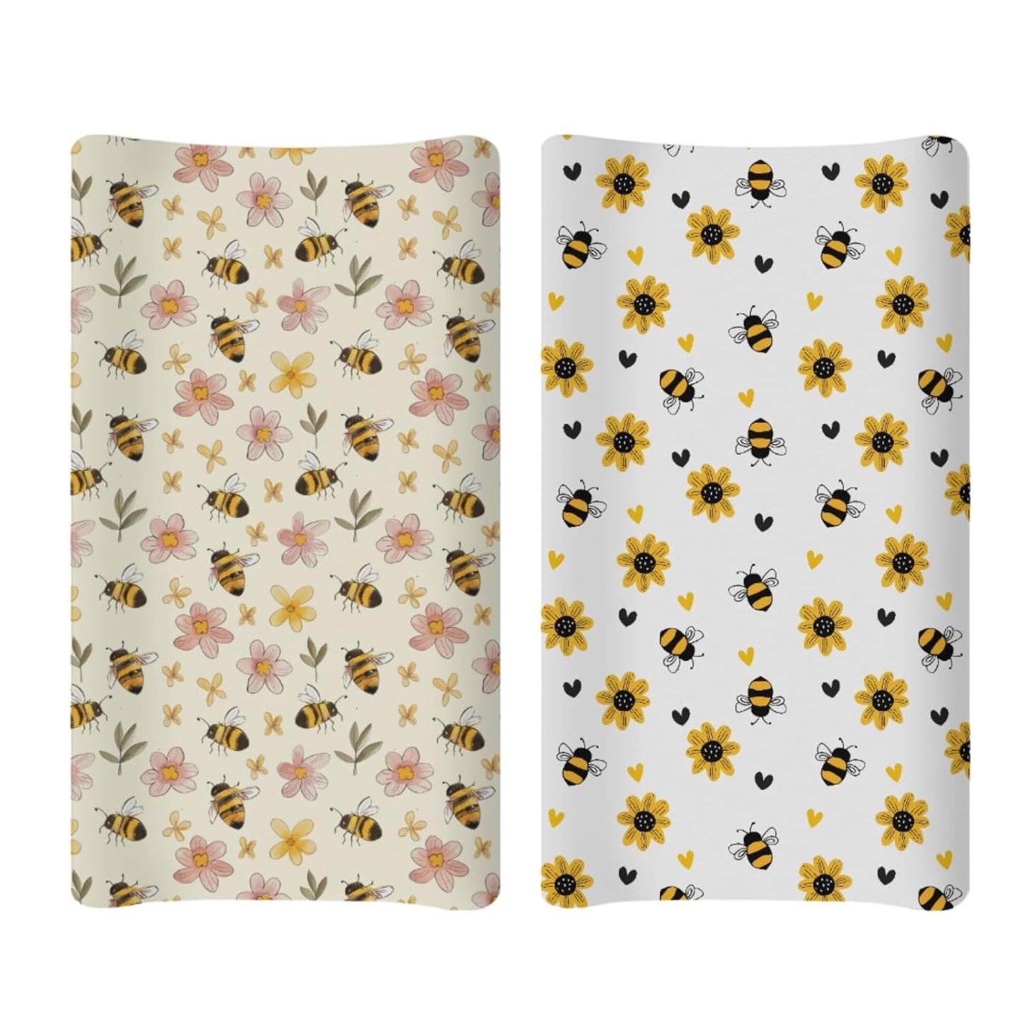 Soft 2 Pack Cartoon Spring Bee Flowers Floral Pattern Baby Changing Pad Covers for Infant Newborn, Unisex Bee Nursery Fitted Diaper Changing Table Pad Mat Sheets for Boys Girls-16x32