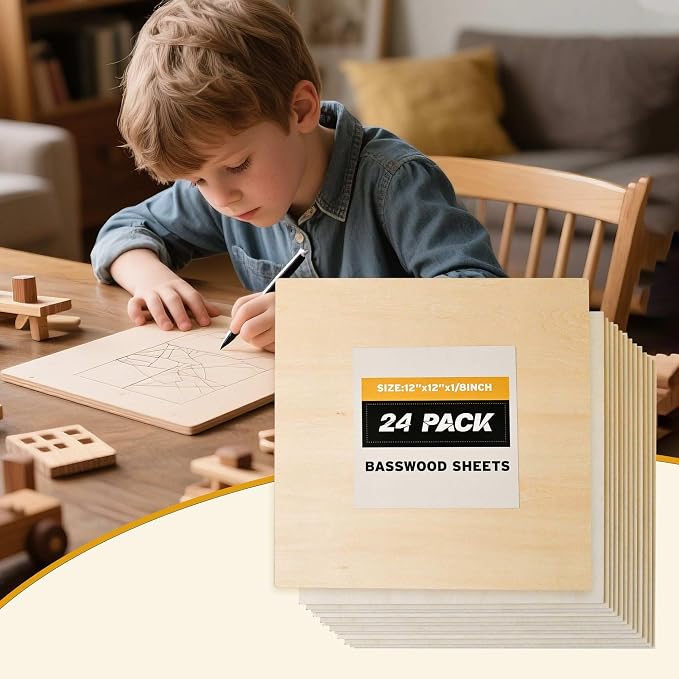 Basswood Sheets 12x12 in, 1/8 Inch Thick 24 Pack Unfinished Square Wood Boards