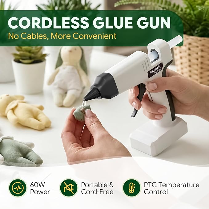 Assark Cordless Hot Glue Gun, Full Size, 6000mAh 60-Min Battery, Plug-in