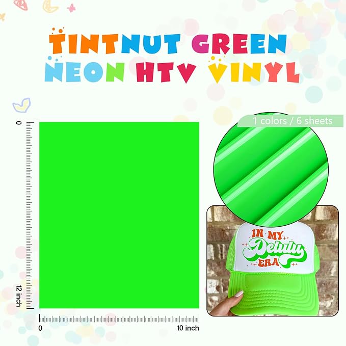 Tintnut Lime Green Neon Heat Transfer Vinyl-6 Pcs 12x10in Iron on Vinyl |