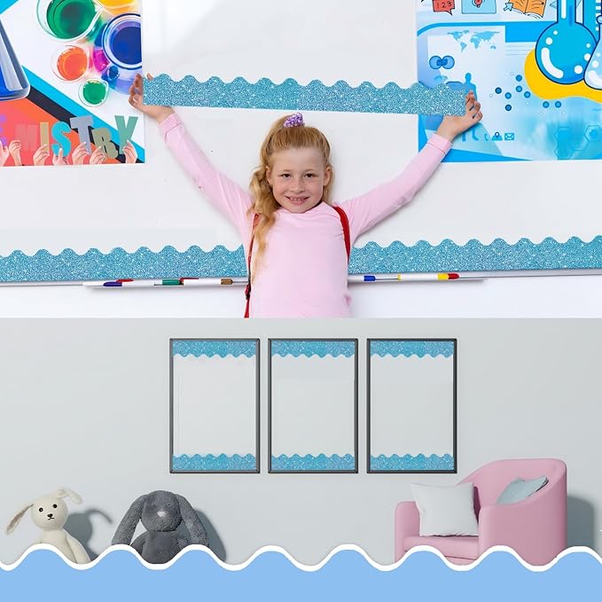 70Ft Shine Blue Bulletin Board Borders，Scalloped Poster Boards Decorations Trim
