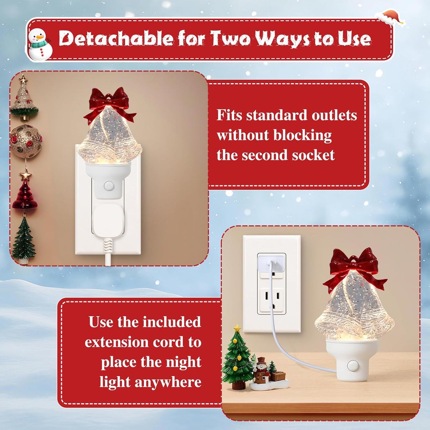 2 Pack Christmas Bell Night Light Plug into Wall Glitter Water Nightlight with USB/Outlet Options, Christmas Decorative Nightlight for Bedroom Kitchen Nursery Holiday Decorations Gifts (Bell)