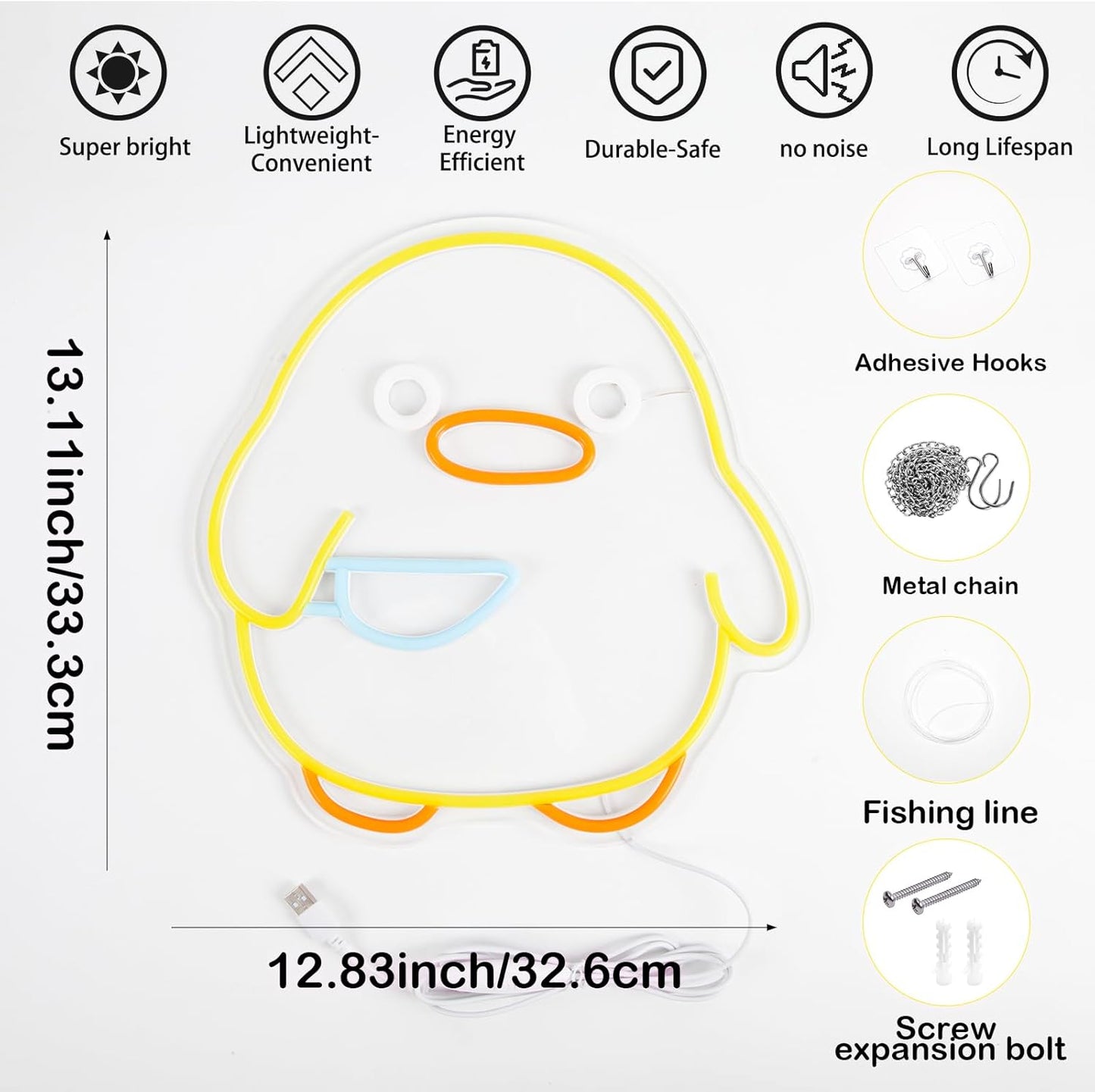 Duck Neon Sign, Dimmable Yellow Duck LED Night Light for Kids Room, Bedroom, Game Room, Living Room, Nursery, Play room & Pet Store Decor, USB Powered Animal Night Light, Party & Birthday Gift