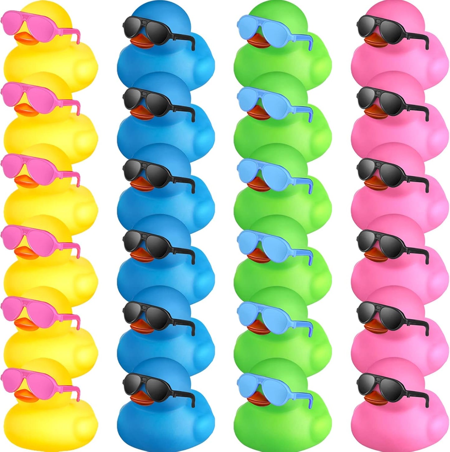 24 Pcs Mini Rubber Ducks with Sunglasses, Rubber Ducks in Bulk Valentine Bathtub Toys for Cruise Valentines Kids Classroom Gift Exchange(Eyeglasses,Yellow, Blue, Pink, Black, Green)