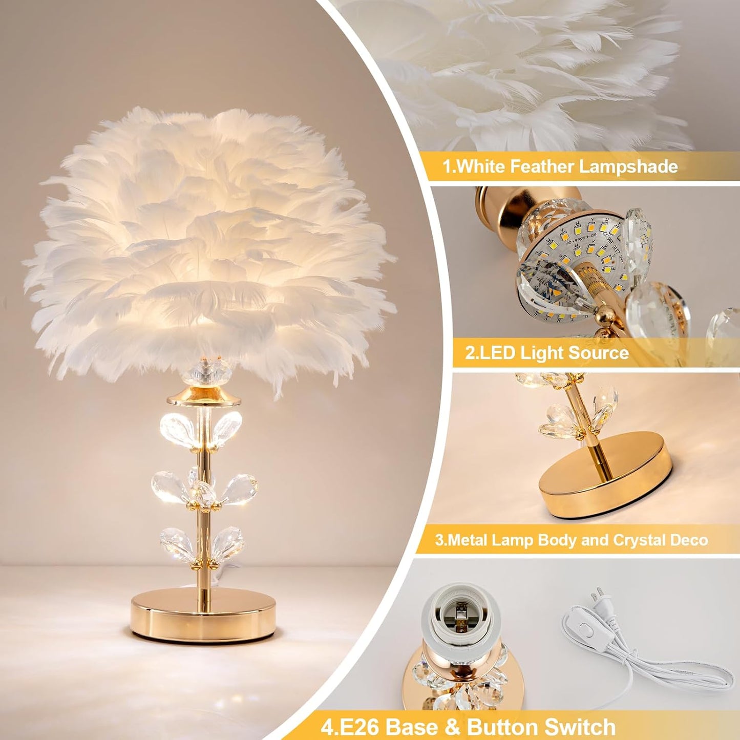 Chic White Feather Lamp Creative Fluffy Table Lamp Cute Kids Bedside Lamp Modern Feather Desk Light for Teen Girls Bedroom Living Room Entryway Study Room Wedding Deco