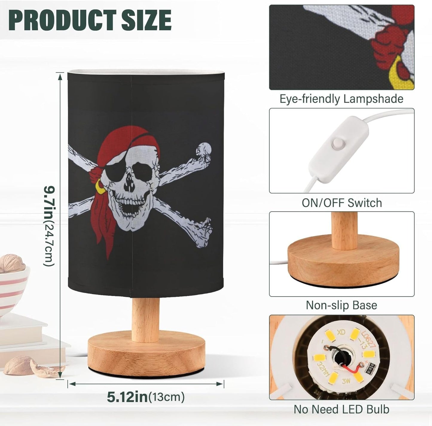 Table Lamp Pirate Skull Crossbones on Black Nightstand Lamp with Wood Base Fabric Lamp Shade Bedside Desk Lamp for Living Room Bedroom Kids Room Office