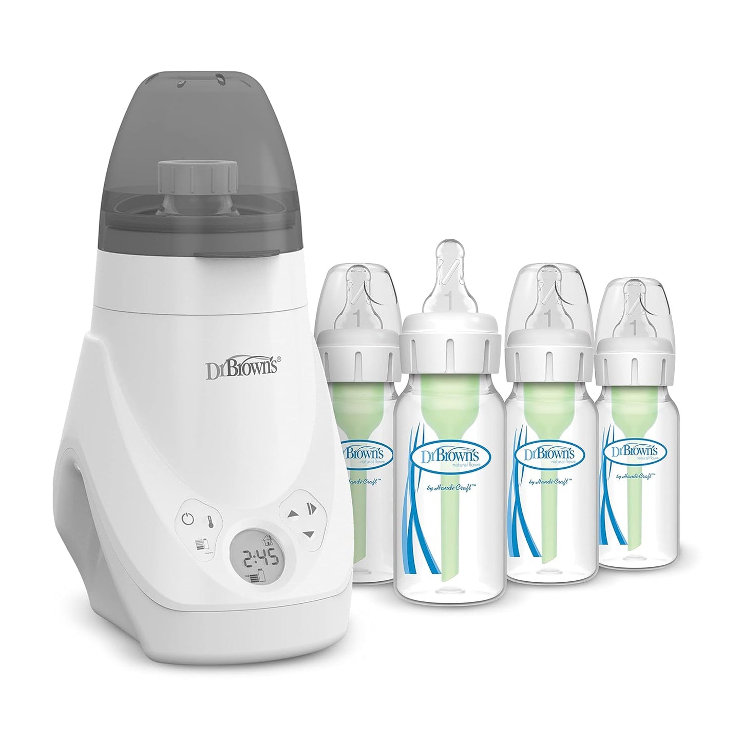 Dr. Brown’s Deluxe Baby Bottle Warmer and Sterilizer, for Baby Bottles and Baby Food Jars with Anti-Colic Options+ Narrow Baby Bottles 4 oz/120 mL, with Level 1 Slow Flow Nipple, 4 Pack, 0m+