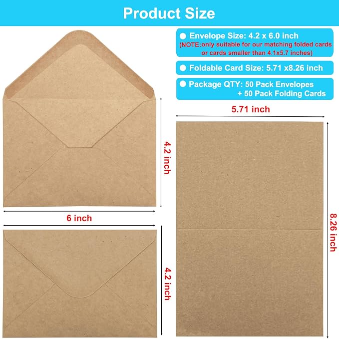 50 Pack Blank Cards and Envelopes 4.2 x 6.0 inches, Folded Cardstock