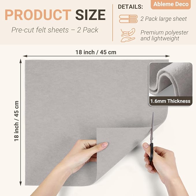 Felt Fabric Sheets 18" x 18" 1.6mm Soft Craft Felt, Light Grey | Soft Precut