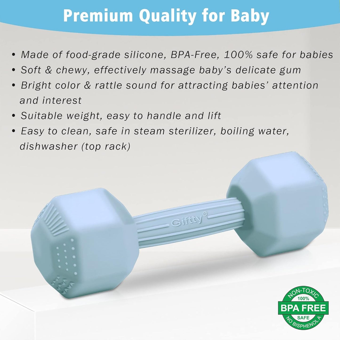 Giftty Baby Dumbbell - Silicone Infant Rattle Teething Toy Teether Toddler Sensory Toy Durable Safe Exercises Workout Weight - Great Gift for Girls and Boys (1pcs 4.8oz - Pink)