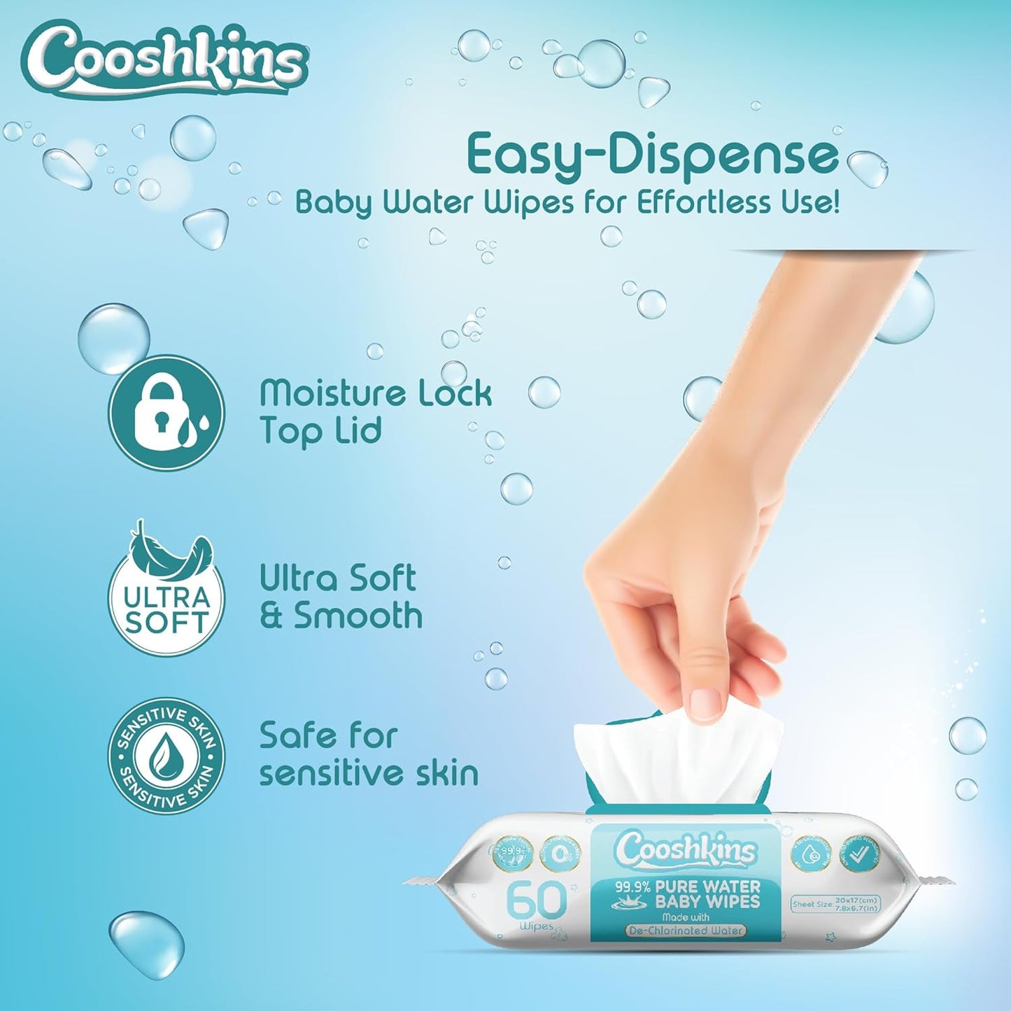 De-Chlorinated Pure Water Baby Wipes | Soft & Thick 60 Count (Pack of 1) Gentle Unscented Wipes for Sensitive Skin | 99.9% Pure Water Based | Alcohol-Free, Paraben-Free