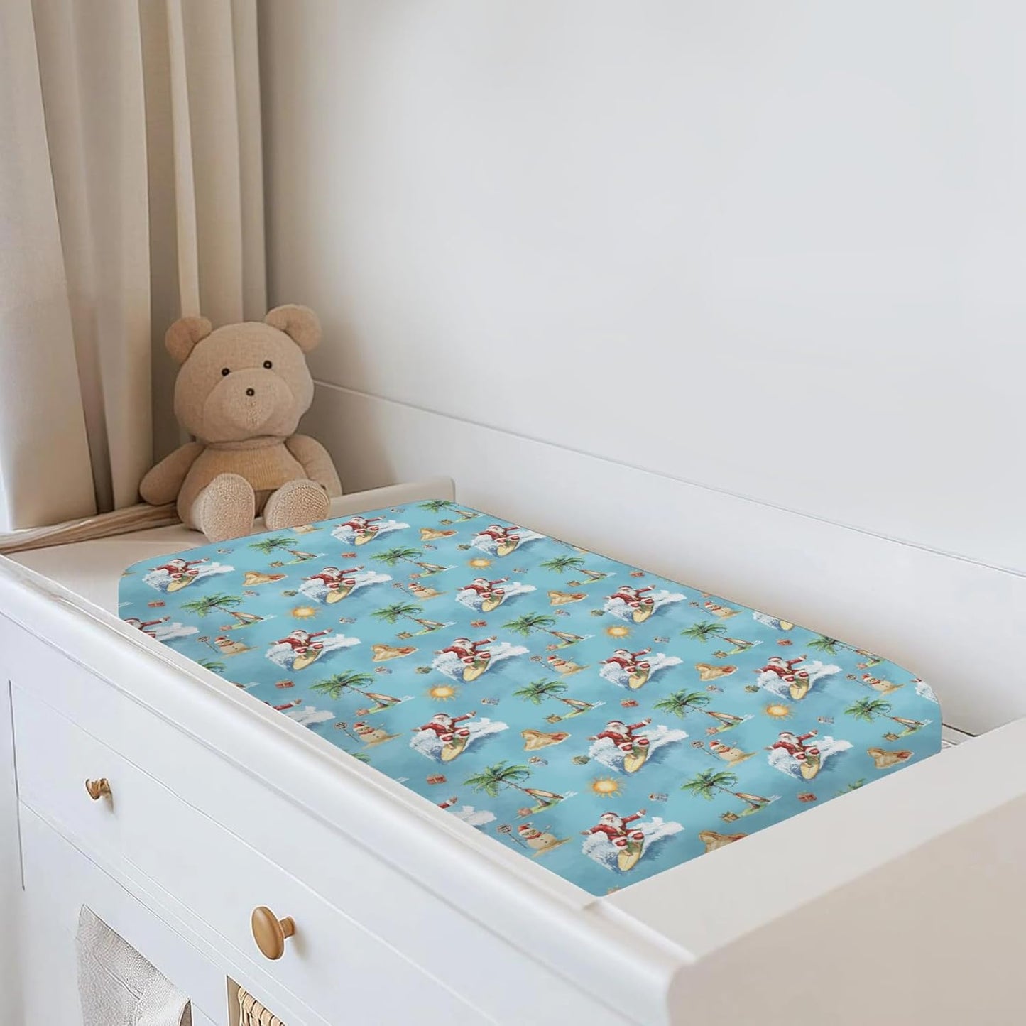 Christmas Surfing Santa Beach Baby Changing Pad Covers for Boy Girl Summer Santa Surfboard Palm Tree Gifts Fitted Changing Table Mats Winter Holiday Festive Soft Diaper Change Table Sheets 32''×16''