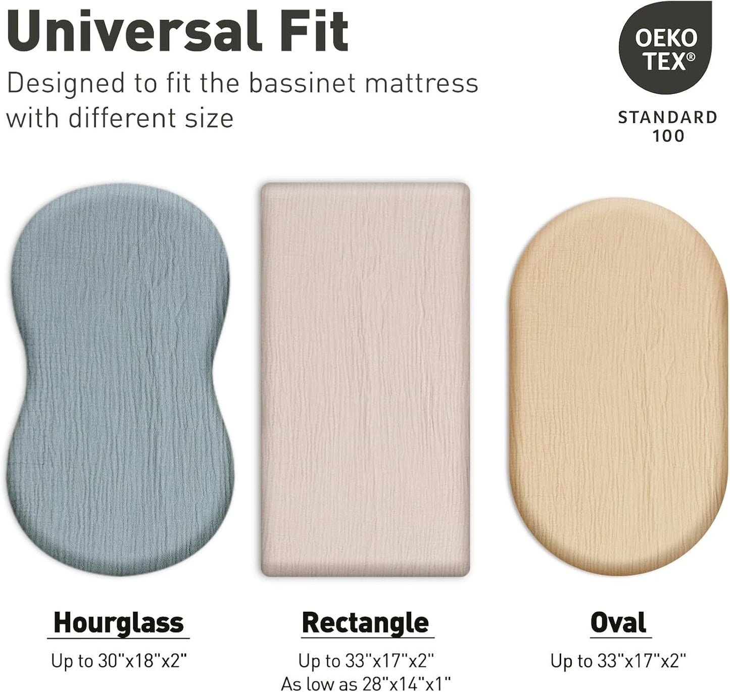 Muslin Bassinet Fitted Sheets, 2 Pack for Baby Boy and Girl, Soft Breathable Stretchy Baby Pad/Mattress Sheet Set, Universal Fit for Hourglass Oval and Rectangle Bassinet Mattress (Bright Colors)