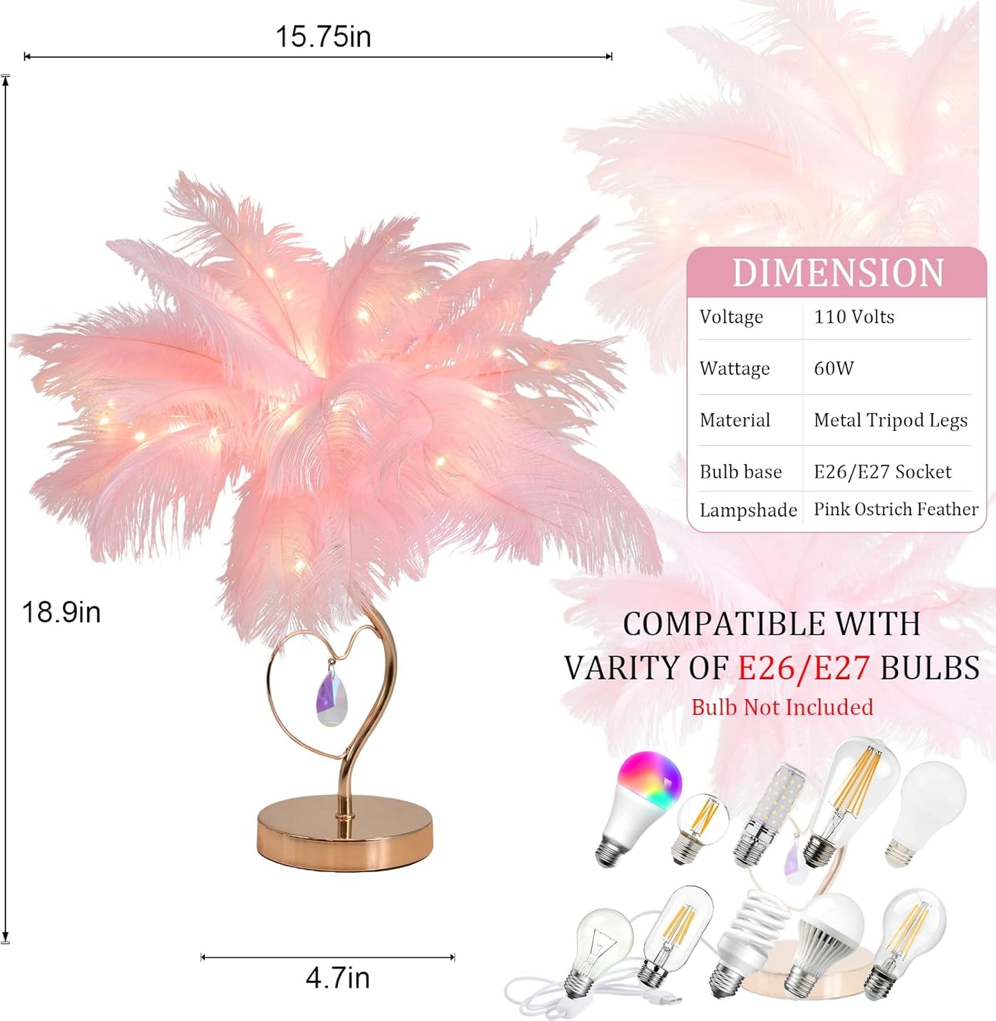 Pink Ostrich Feather Lamp Creative Furry Bedside Lamp Romantic Feather Table Lamp Fluffy Nightstand Lights for Girl Bedroom Wedding Decor Valentines Dating Livingroom Hotel Office