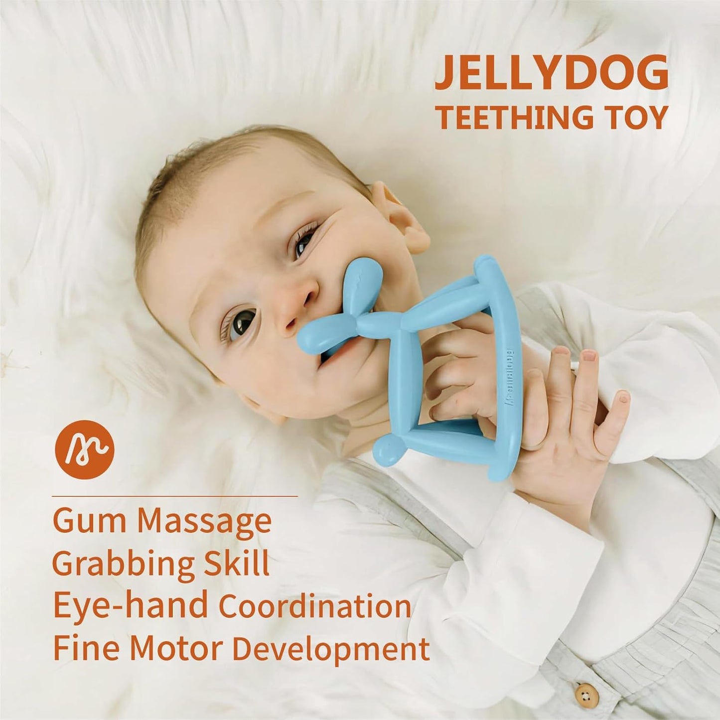 Teething Toy for Baby 0-6, 12, 18 Months Infant, Jellydog Never Drop Food Grade Silicone Rocking Teether, Prevent Choking & Odorless, Less Dust and Hair Adhesion, Baby Gift, Coral Red