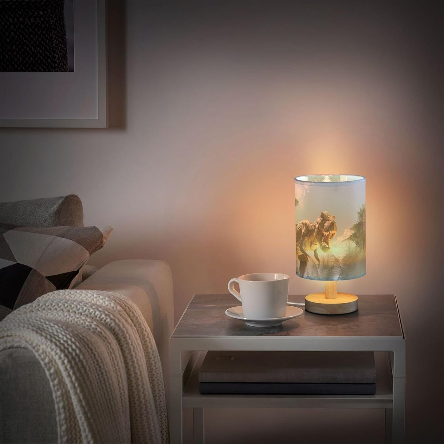Table Lamp Dinosaur in Jungle Forest Nightstand Lamp with Wood Base Fabric Lamp Shade Bedside Desk Lamp for Living Room Bedroom Kids Room Office