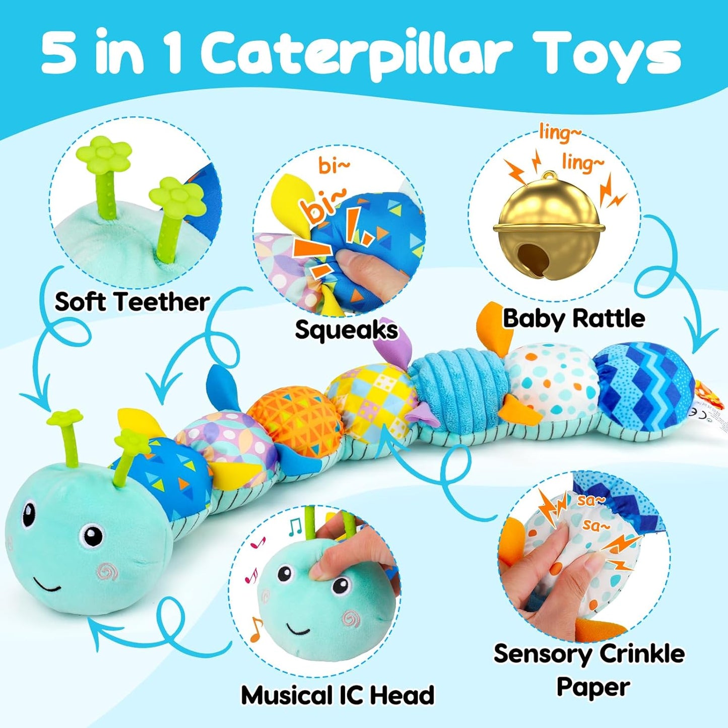 Baby Tummy Time Toys 0-6 Month Musical Stuffed Animal Plush Caterpillar Toy for Infant 6-12 Month Teething Sensory Toy with Crinkle Rattle for Babies 0-3-6 Month Newborn Boy Girl