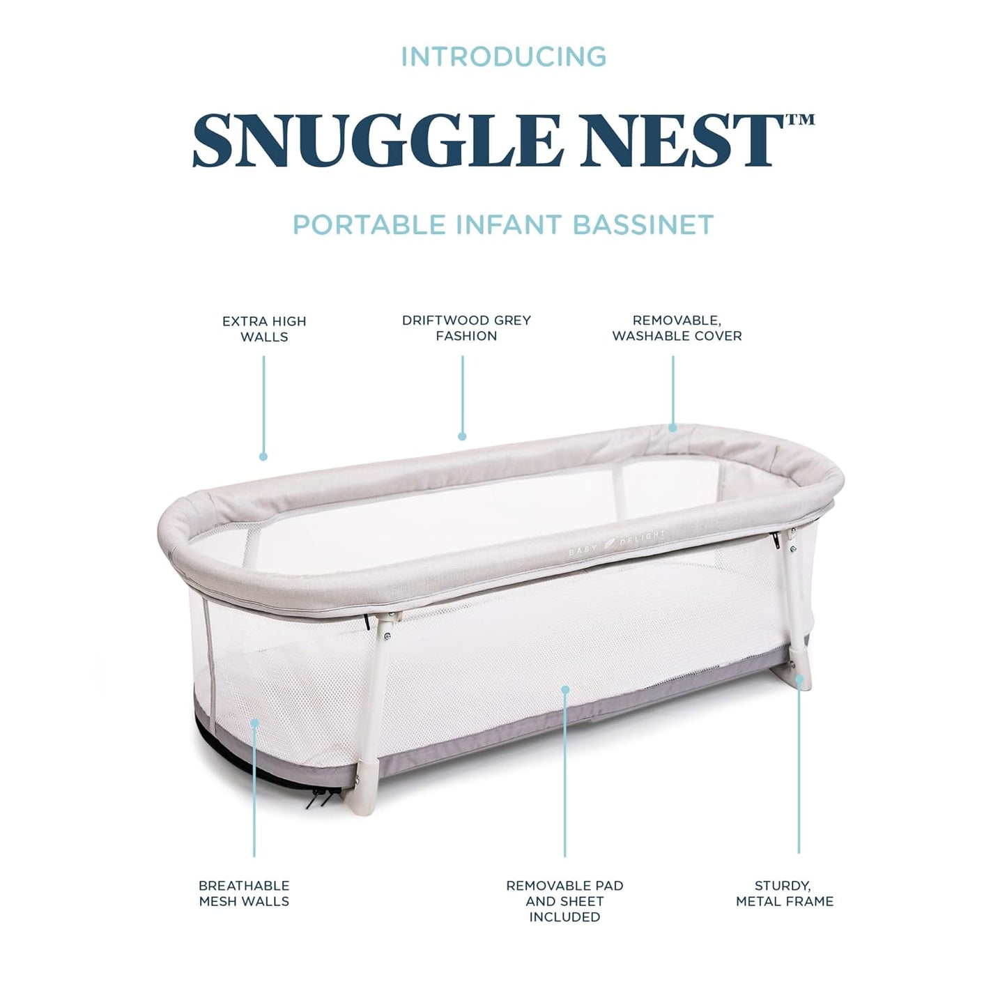 Baby Delight Snuggle Nest Bassinet, Portable Baby Bed, for Infants 0 – 5 Months, Driftwood Grey