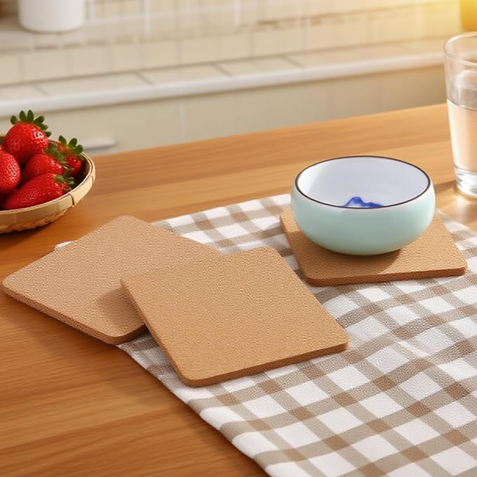 Tebery 30 Pack 4 Inch Square Cork Coasters, 0.2'' Thick Absorbent Drink Pads