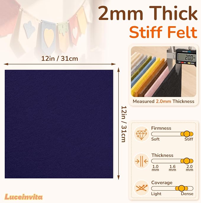 2mm Stiff Felt Sheets 12" X 12" | Thick Polyester Felt Material, DIY Craft