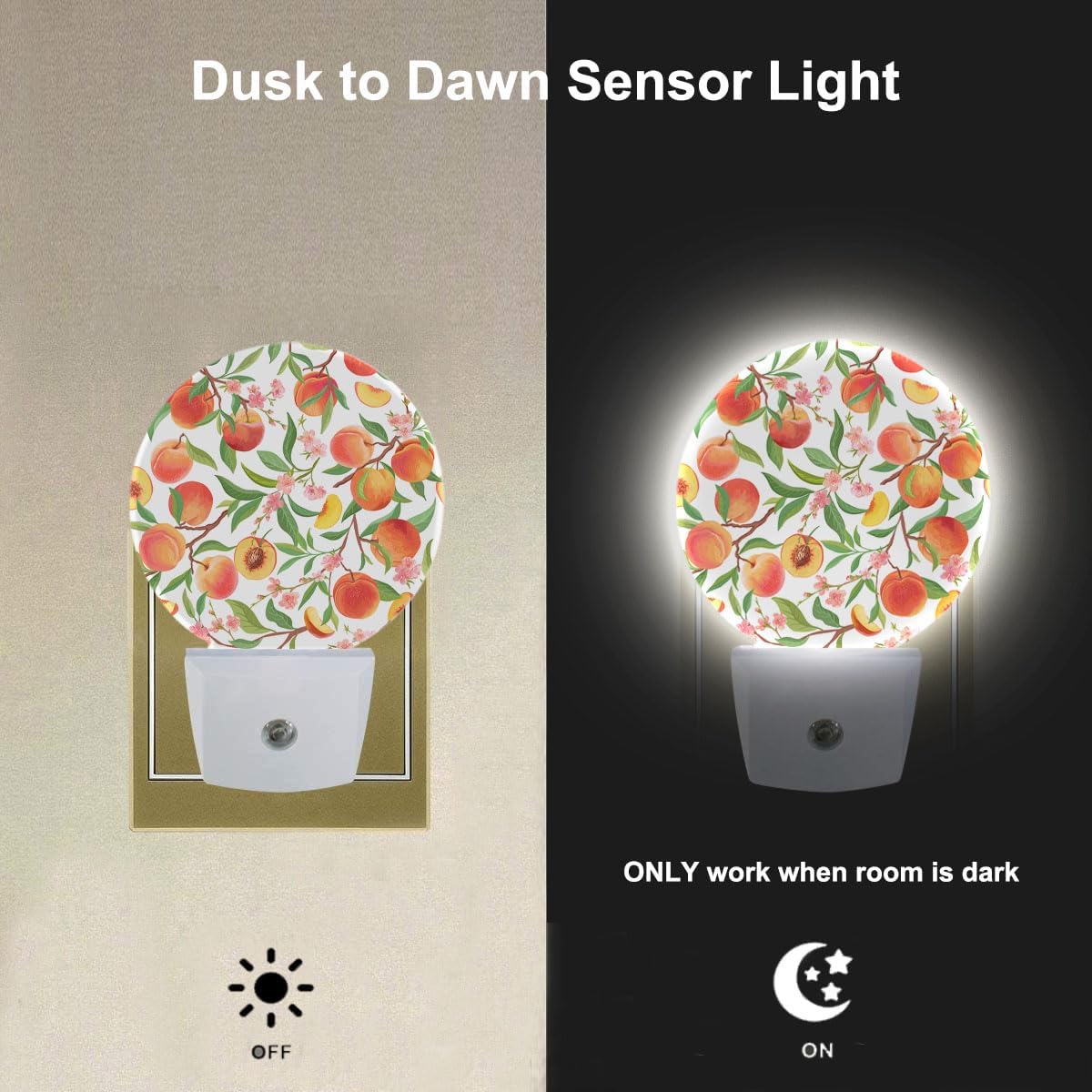 EKOBLA Peach LED Night Light Vibrant Cute Fruits Bright Colorful Design Dusk to Dawn Plug-in Nightlights Auto Sensor for Home Indoor Bathroom Hallway Kitchen