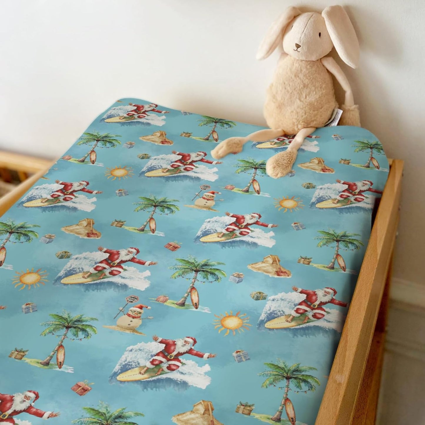 Christmas Surfing Santa Beach Baby Changing Pad Covers for Boy Girl Summer Santa Surfboard Palm Tree Gifts Fitted Changing Table Mats Winter Holiday Festive Soft Diaper Change Table Sheets 32''×16''