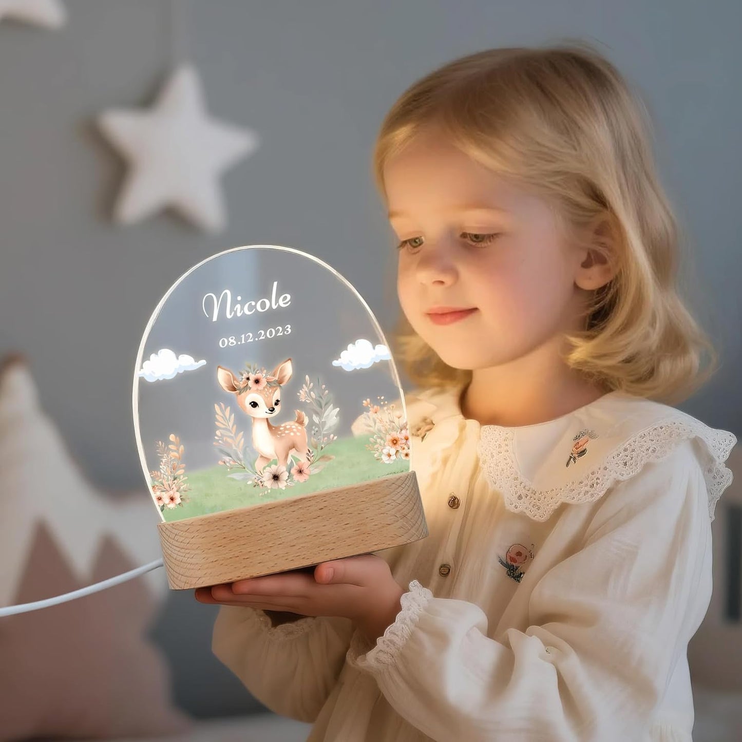 callie Acrylic Night Light Name Plate Personalized, Custom Cute Animal Dog Cat with Wooden Base Bedroom Decor, Birthday Gifts Kid Gifts for Family (Animal Bear Fox)