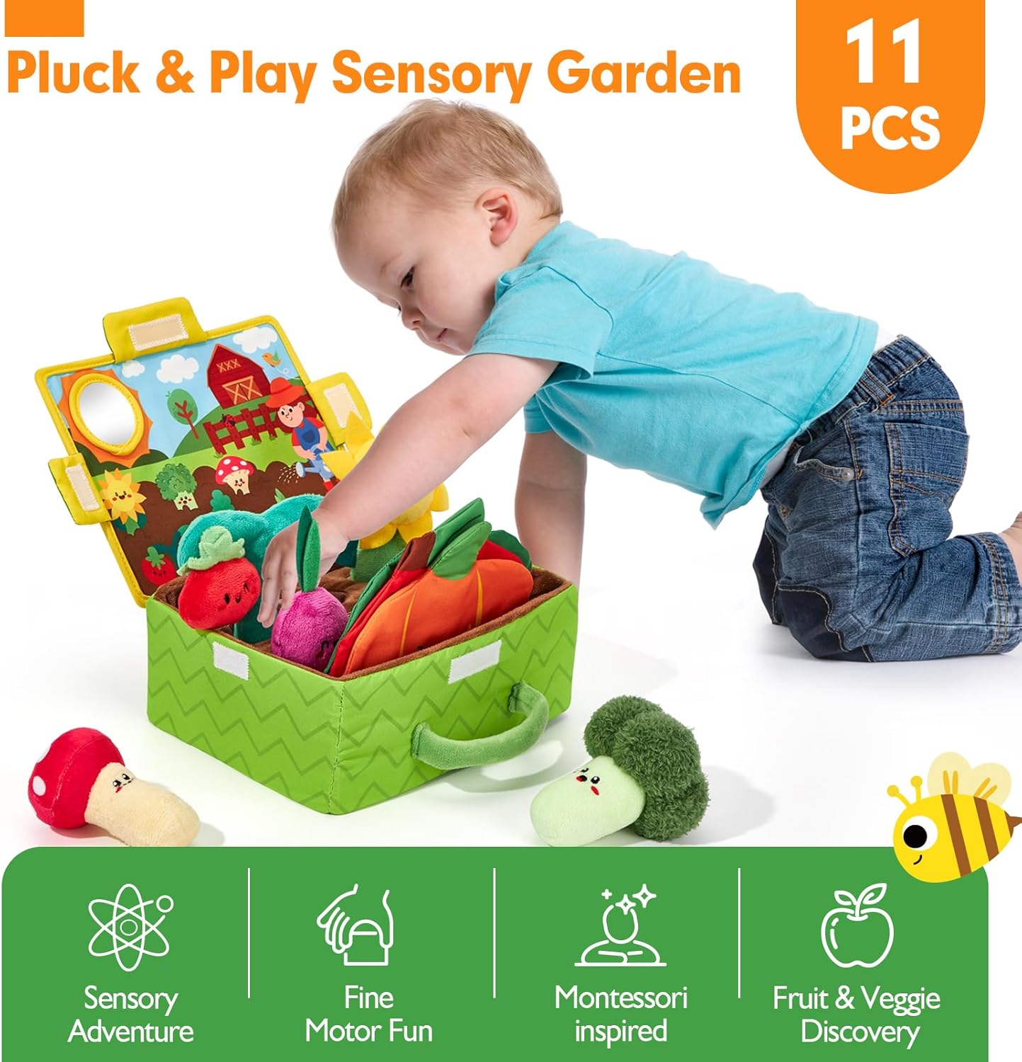 hahaland Baby Toys 6-12 Months - Fruits Vegetables Garden Plant Plush - 6 Month Old Toys Montessori Sensory Toy Carrot Flower with Rattles Mirror Squeaker Textures Crinkle Tissues Christmas Baby Gifts
