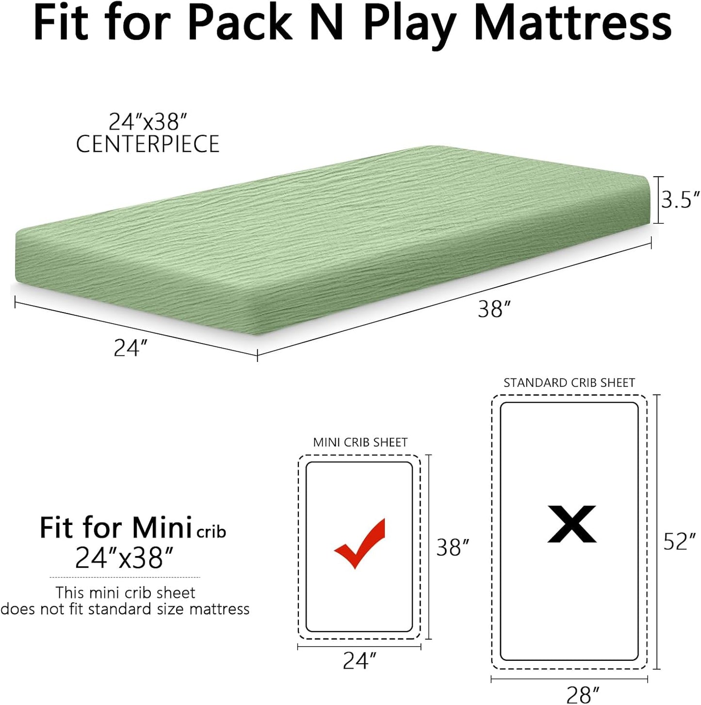 2 Pack Soft Muslin Baby Mini Crib Sheets, 100% Cotton Breathable Double Layer Fitted Sheets for Mini Crib and Pack N Play Mattresses 24x38 Inches, for Baby Girls and Boys (Sage & Fog