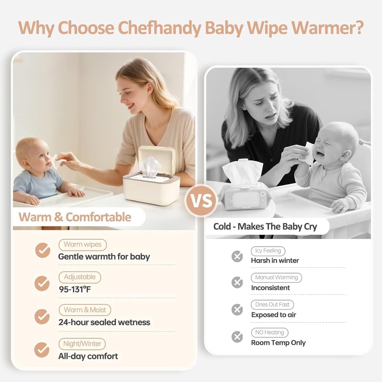 Chefhandy Baby Wipe Warmer & Wet Wipes Dispenser, 3-Mode Temperature Control, Large Capacity, Even Heating, Silent Operation for Babies & Adults, Yellow
